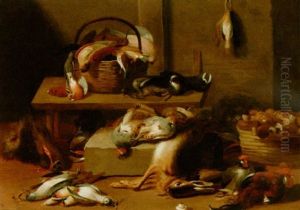 A Kitchen Stil Life With Poultry, Birds, A Hare, A Boar's Head And Mushrooms In A Basket
