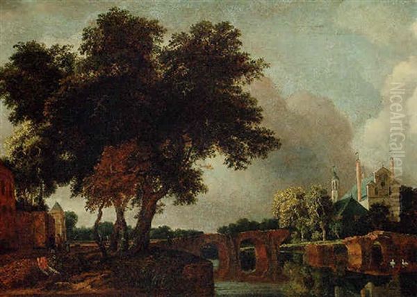 A Wooded River Landscape With A Stone Bridge, A Church Beyond - view 1