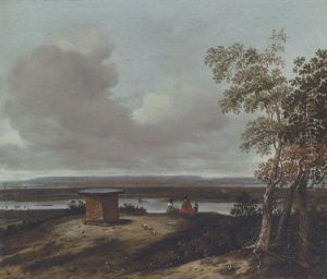 An Extensive Landscape With Elegant Figures On A Bluff Overlooking A River By A Brick Plinth