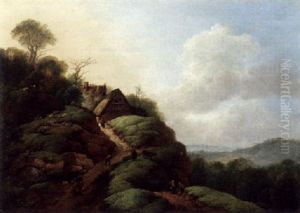 Weite Landschaft Mit Figuren, Schafen Und Gehoft Auf Einer Anhohe
