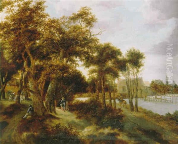 A Wooded River Landscape With Peasants And Travellers On A Path, A Town Beyond - view 1