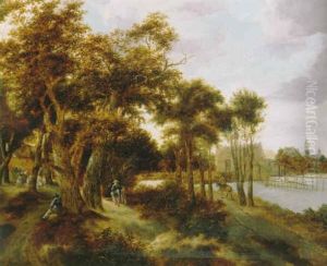 A Wooded River Landscape With Peasants And Travellers On A Path, A Town Beyond by Jan van Kessel