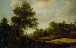 A Landscape With Peasants Outside A Cottage Near A Hamlet, A Windmill Beyond