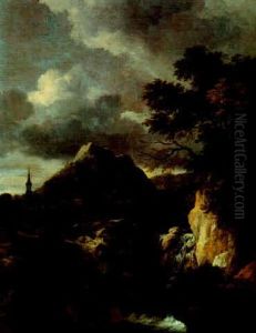 Landscape With A Waterfall And A Church Beneath A Rocky Outcrop Beyond