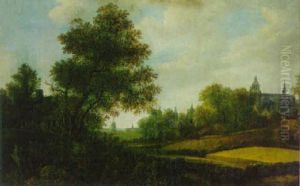 A Landscape With Peasants Outside A Cottage Near A Hamlet, A Windmill Beyond by Jan van Kessel