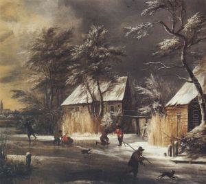 Winter Landscape With Figures Skating By Farmhouses