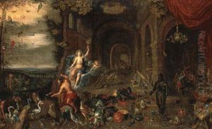 The Elements Of Air And Fire: Vulcan At His Forge With Aeolus And Putto by Jan van Kessel