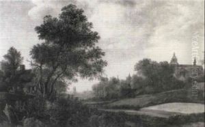 Extensive Landscape With Peasants Outside A Cottage Near A Hamlet