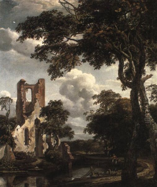 Fishermen On A River Bank Before The Ruins Of The Chapel Of Eykenduynen - view 1