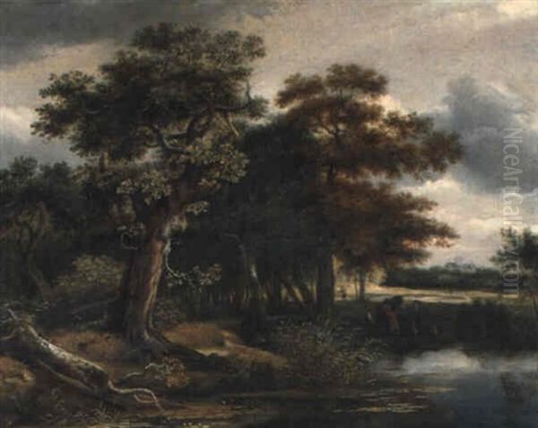 Eichenbestandene Landschaft Mit Einem Weiher Und Angler - view 1