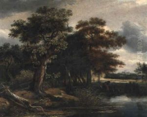 Eichenbestandene Landschaft Mit Einem Weiher Und Angler by Jan van Kessel