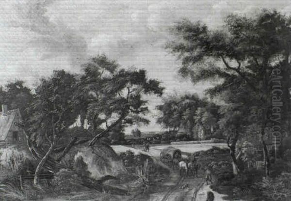 A Horsedrawn Wagon Travelling Along A Country Road Amongst  Trees - view 1