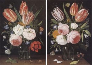 A Vase Of Flowers On A Ledge With Peony Roses Tulips Protea And Cornflowers Placed On A Ledge With Beetle A Caterpillar