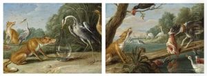 The Fox And The Crane; The Fox And The Crow And The Dog With The Ham (2 Works) by Jan van Kessel