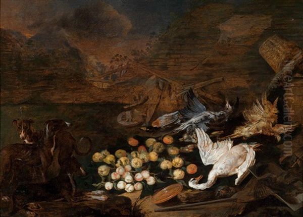 Jagd- Und Fruchtestillleben Mit Erlegtem Geflugel Und Jagdhunden - view 1