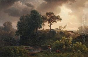 Sunlight Breaking Through Heavy Clouds Over A Landscape by August Friedrich Kessler