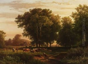 Abendfrieden - Hirten Mit Kuhen An Einem Bach In Baumbestandener Landschaft by August Friedrich Kessler