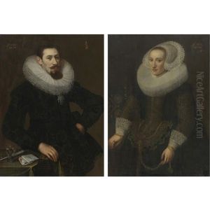 Portrait Of Man, Aged 38, In A Black Costume And Wide Ruff, Leaning On A Table (+ Portrait Of A Lady, Aged 25, In Black And Gold Embroidered Costume, Wide Ruff And Lace Bonnet, Her Hand Resting On A C by Franz Kessler