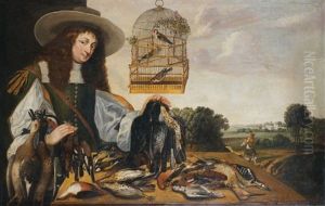 Portrait D'un Chasseur Devant Une Table Recouverte De Gibier: Becasse, Pic-vert, Perdrix Rouges, Bouvreuil, Perdrix Grises Et Canards