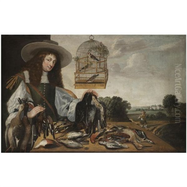 A Huntsman With The Spoils Of The Chase And Three Finches In A Birdcage, A Landscape With A Castle Beyond - view 1