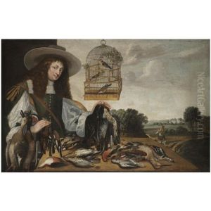 A Huntsman With The Spoils Of The Chase And Three Finches In A Birdcage, A Landscape With A Castle Beyond