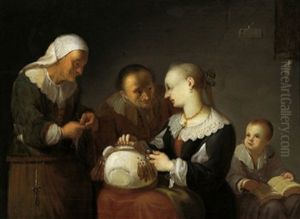 Eine Judische Familie; Die Mutter Des Kleinen Lesenden Buben Beim Spitzenkloppeln