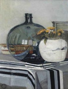 Stilleven Met Boeken, Zoutzuurfles, Bloemen In Gemberpot Op Gestreept Tafelkleed by Dick Ket