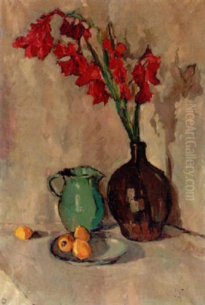 A Still Life With Amaryllis In A Glass Vase, A Green Jar And Lemons On A Plate - view 1
