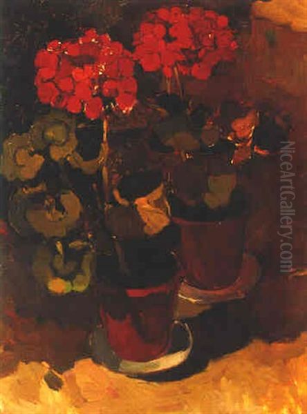 Stilleven Met Twee Geraniums Op Witte Schotels - view 1