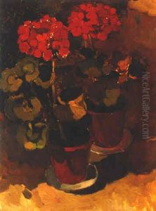 Stilleven Met Twee Geraniums Op Witte Schotels