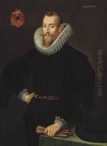 Portrait Of A Gentleman, Three-quarter Length, In A Black Slashed Doublet And A Embroidered Mantle, Gloves In His Left Hand, Leaning On A Table, His Hat Beside Him