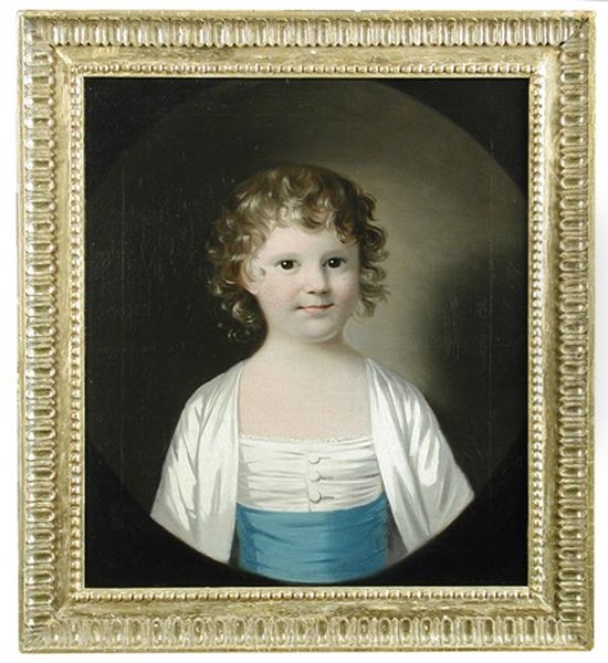 Portrait Of A Young Girl In Cream Dress With Blue Sash - view 1