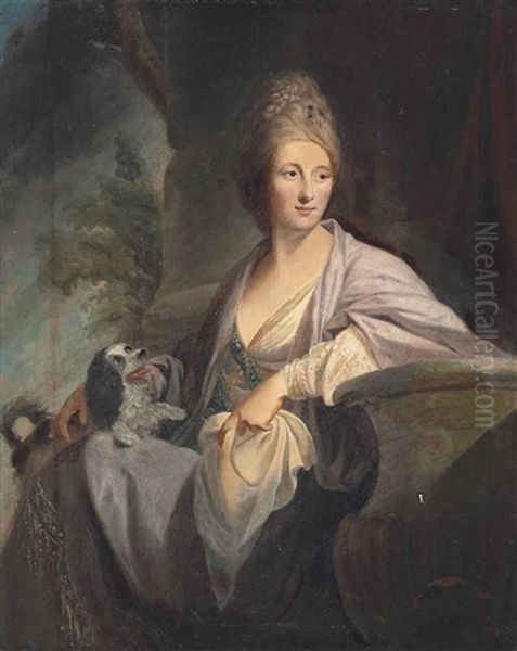 Portrait Of A Lady, Three-quarter-length, In A White Dress, Seated In A Landscape With A Spaniel - view 1