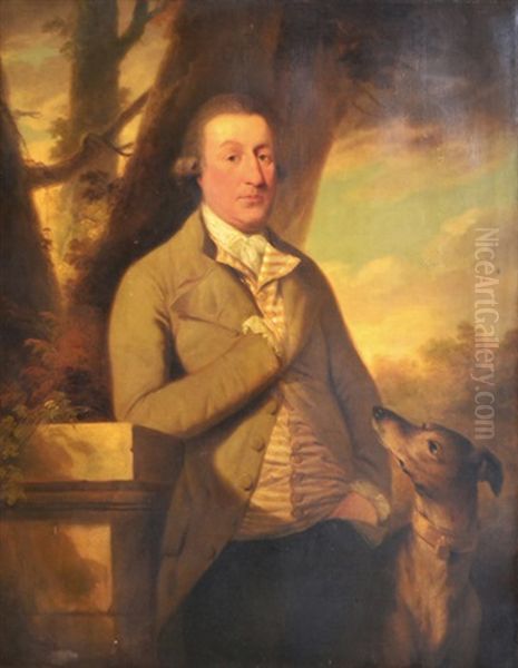 Portrait Of A Gentleman Leaning On A Stone Ledge With His Greyhound At His Side - view 1