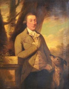 Portrait Of A Gentleman Leaning On A Stone Ledge With His Greyhound At His Side