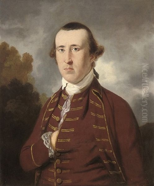 Portrait Of A Gentleman, Half-length, In A Rust Coat And Waistcoat With Gold Frogging, In A Landscape - view 1