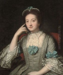 Portrait Of A Lady, Half-length, In A Blue Dress With Lace Collar And Cuffs by Tilly Kettle