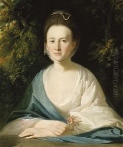 Portrait Of Miss Hippisley In A White Dress And Blue Shawl, Holding A Bunch Of Flowers