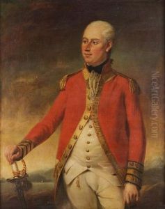 Portrait Of An Officer Of The Foot Guards, Standing Three-quarter-length, In A Scarlet Frock Coat, With His Hand Resting On The Hilt Of His Sword, A View To A Landscape Beyond by Tilly Kettle