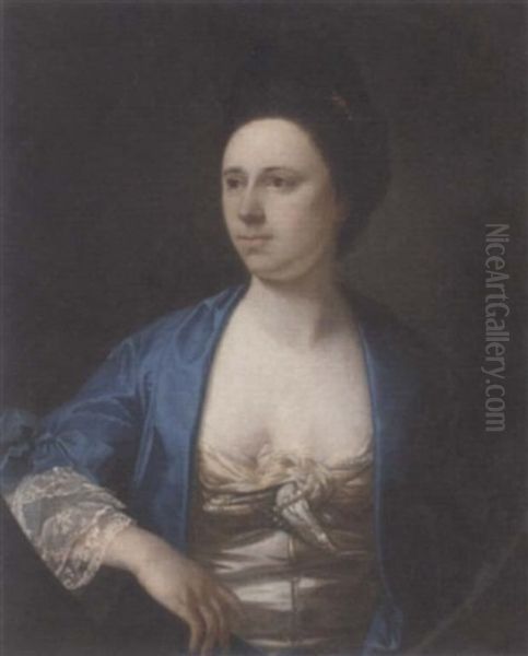 Portrait Of A Lady, In A Blue Gown And White Dress With Pearls by Tilly Kettle