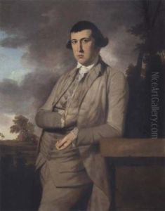 Portrait Of A Gentleman Wearing A Grey Suit, Leaning On A Pediment In An Indian Landscape