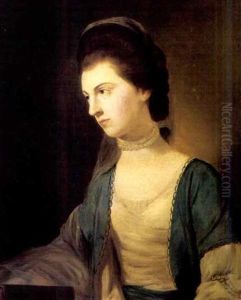 Portrait Of Eliza Henchman Wearing A Pearl Necklace And A Blue And White Dress Embroidered With Pearls by Tilly Kettle
