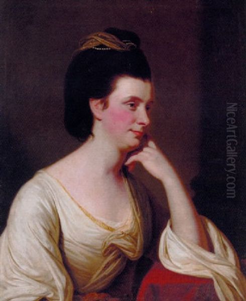 Portrait Of Mary Gibbons In A Cream Dress With Yellow Trim, Resting Her Left Arm On A Draped Table - view 1