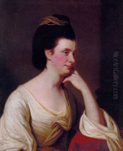 Portrait Of Mary Gibbons In A Cream Dress With Yellow Trim, Resting Her Left Arm On A Draped Table