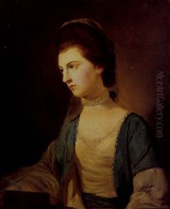 Portrait Of Eliza Henchman Wearing A Pearl Necklace And Blue And White Dress Embroidered With Pearls, A Book On A Table Beside Her by Tilly Kettle