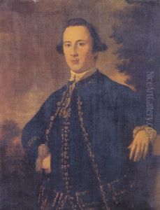Portrait Of A Gentleman Standing And Wearing An Embroidered Blue Coat And Waistcoat