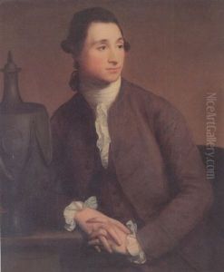 Portrait Of Thomas Rogers Wearing A Brown Coat, Resting On A Ledge, Next To An Urn by Tilly Kettle