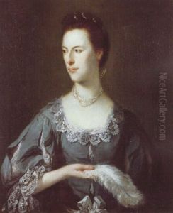 Portrait Of Lady Holt In Pearls, Wearing A Blue Dress With Slashed Sleeves And Bodice And Holding An Ostrich Feather
