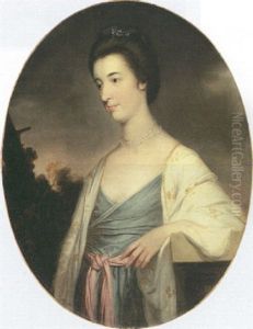 Portrait Of Miss Cauldwell In A Blue Dress, Pink Sash And White Wrap, By A Stone Ledge, A Landscape Beyond