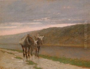 Mules By River In Landscape
